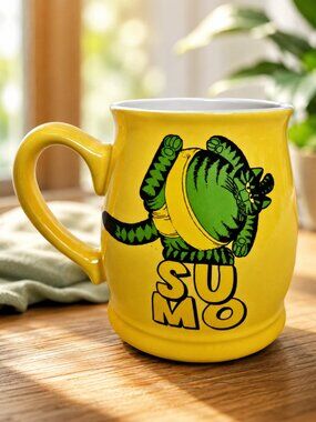 Custom Spokane-Style Sumo Cat Mug – Handmade Yellow & Green Cat Coffee Cup 14oz